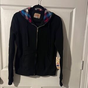 Judy Blue Black Jacket with Vibrant Plaid Hood